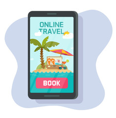 Travel summer vacation app on mobile cell phone vector icon graphic, palm beach sea resort tourism on cellphone smartphone screen illustration, online virtual digital tech image clipart