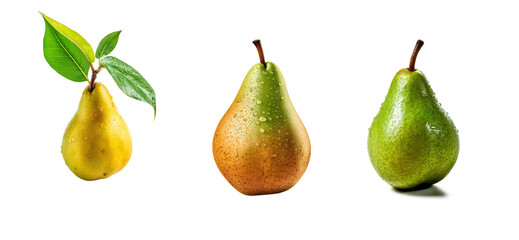 Pear isolated. Green pear on transparent background. Pear with clipping path. Set of pears.
