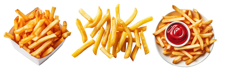 Set of french fries, with ketchup isolated on transparent background, top view