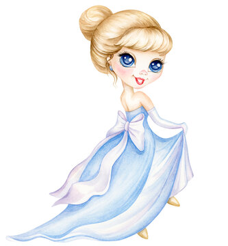 Watercolor Hand drawn Cute Cinderella. Cartoon of a little princess in a blue dress. Little blond girl illustration.