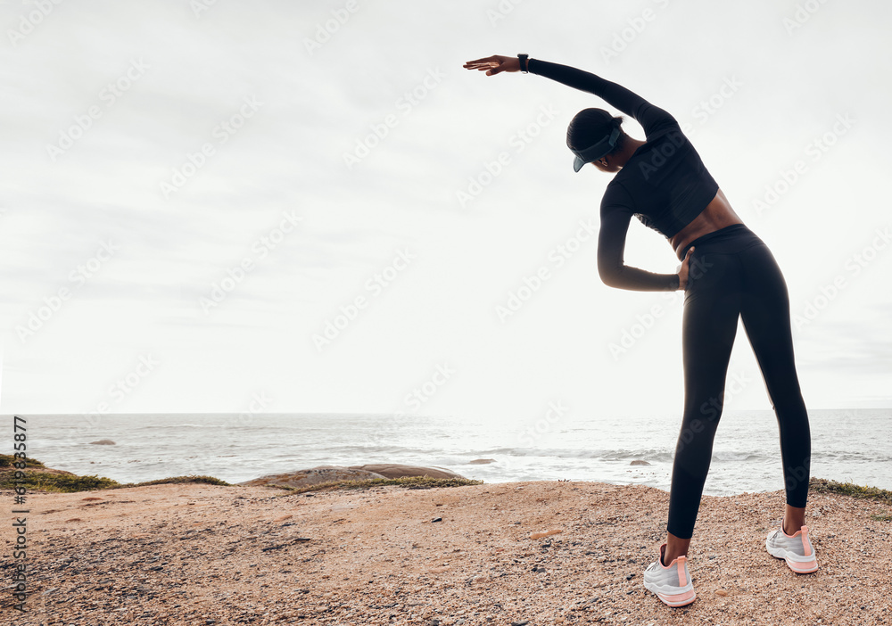 Canvas Prints Back of woman stretching by ocean for fitness in nature for exercise, marathon training and running. Sports, mockup space and female person stretch arms for warm up, cardio workout and body wellness