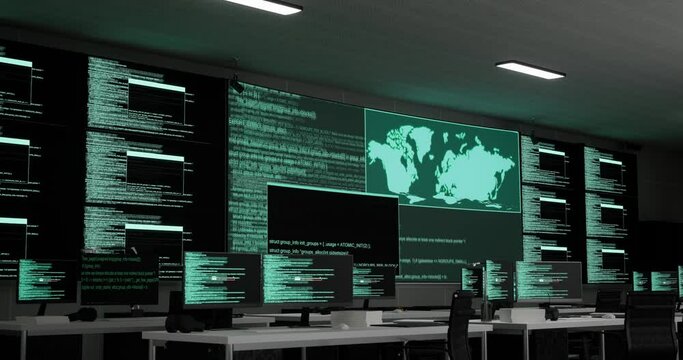 Programming Code Moving On Black Screen Background Terminal Window Desktops With Multiple Monitors Showing Database In A Control Security Center Room At The Office 
