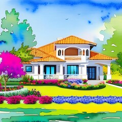 A stately house surrounded by a garden. Watercolor. Generative AI