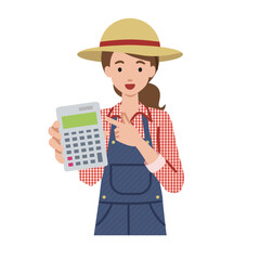 立って電卓を指差してこちらに向けて見せている農家の女性