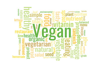 Illustration in the form of a cloud of words related to vegan.