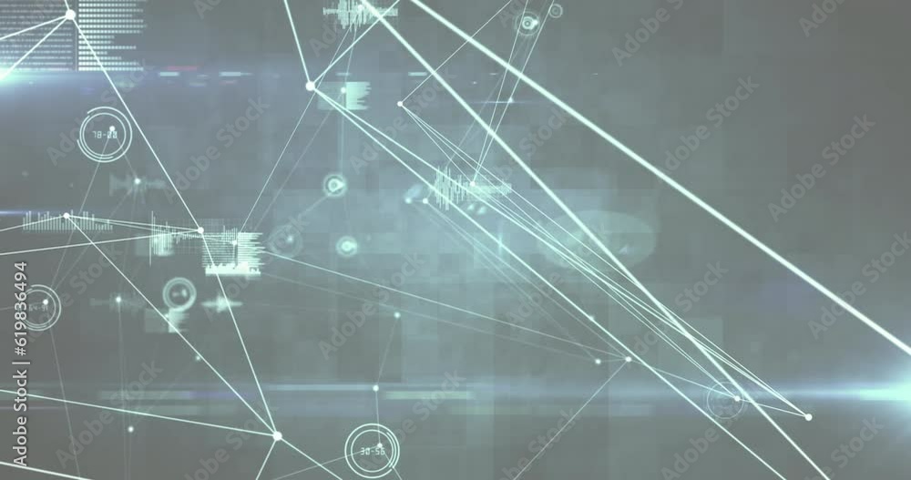 Poster animation of loading circle, numbers in bars over connected dots with graph icons and lens flares