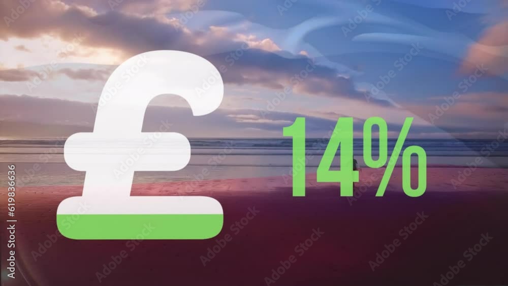 Poster animation of loading euro sign, changing numbers over man walking with surfing board towards ocean