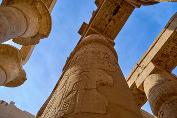 Looking up at the pillars inside Karnak Temple, Luxor, Egypt
