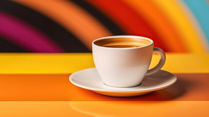 Aromatic Coffee in a White Ceramic Cup, Set Against a Vibrant Colorful Background. Generative AI