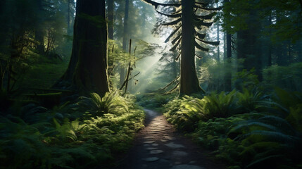 Fototapeta premium Enchanting trail through a lush verdant temperate forest of old trees, moss and green vegetation. 
