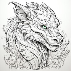 Obraz premium Monochrome mandala with dragon head for coloring. Symbol of 2024. Year of the Dragon. AI generation.