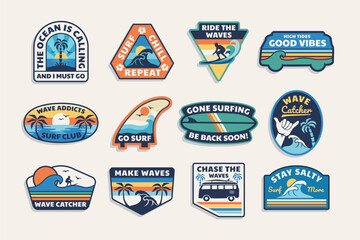 Set of vector surfing theme badge. Perfect t-shirt prints, posters, and other uses. - obrazy, fototapety, plakaty