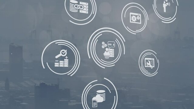 Animation of icon in circles over aerial view of fog covered modern cityscape in background