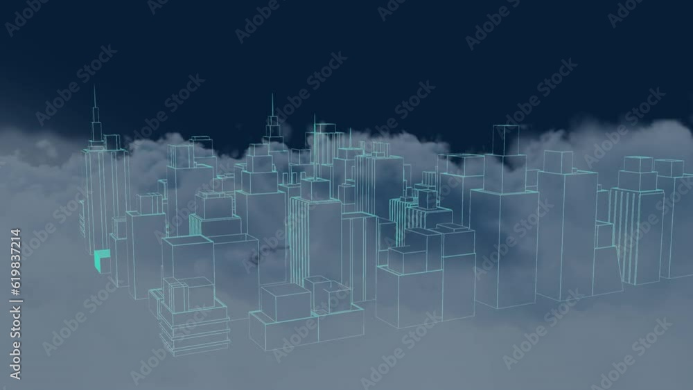 Poster animation of 3d model of modern cityscape over puffy clouds against abstract background
