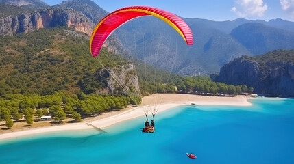 Paraglider tandem flying over the blue lagoon and beach. Generative AI