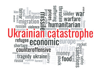 Fototapeta premium Illustration in the form of a cloud of words related to the Ukrainian catastrophe.