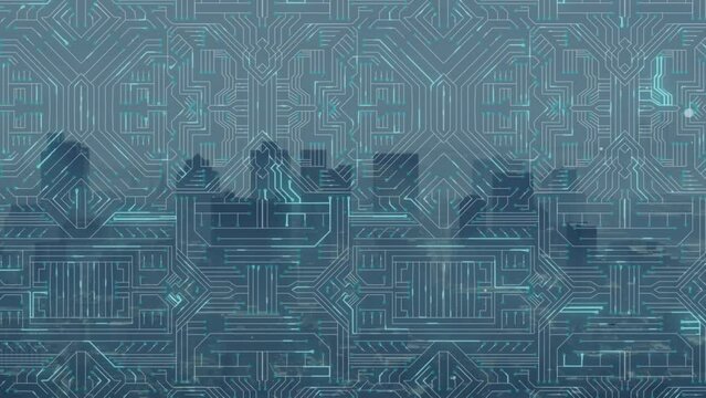Animation of illuminated circuit board pattern over modern buildings in background