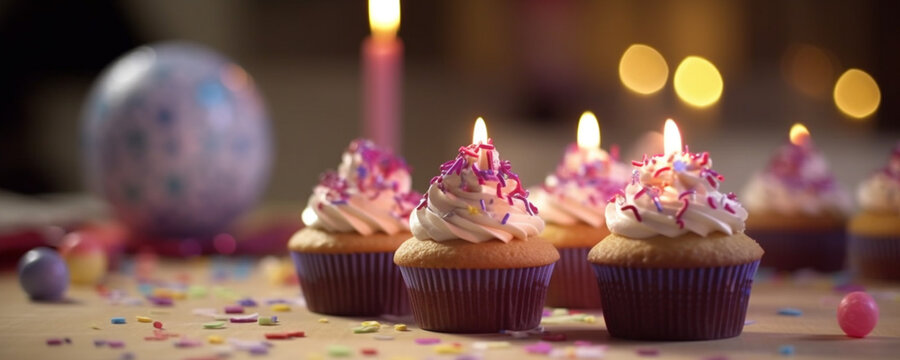 Cup cakes with candles lit for birthday or celebration, AI generated image