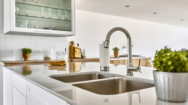 Kitchen with modern appliances and white cabinets with sink in light stylish with Glass bottle placed on. Generative AI