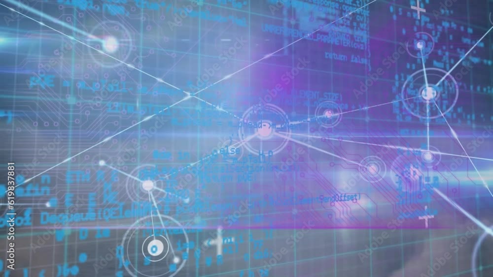 Poster animation of connected dots and programming language over grid pattern