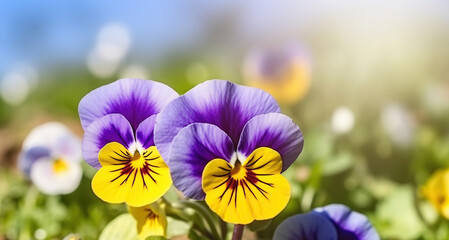 Sunlit Beauty, Pansy Flowers Blooming on a Sunny Day. Generative AI