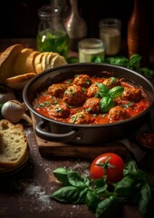 Polpette al Sugo accompanied by some fresh basil leaves and crusty bread