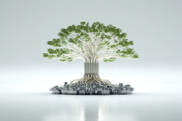 Generative AI illustration of beautiful glowing tree growing on cities representing digital technology in studio