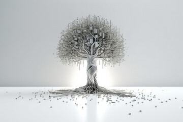 Generative AI illustration of white digital tree with branches and roots on table in studio
