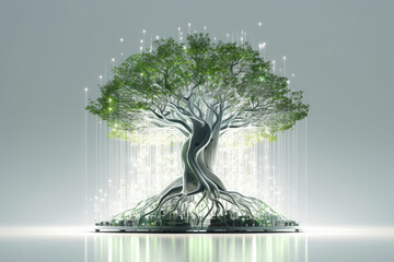 Generative AI illustration of beautiful glowing tree growing on cities representing digital technology in studio