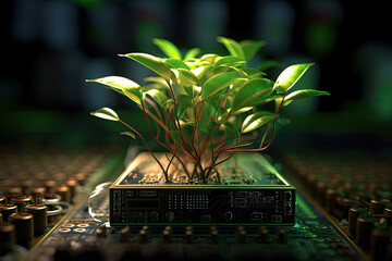 Generative AI illustration of glowing plants growing on computer chip representing digital ecology business