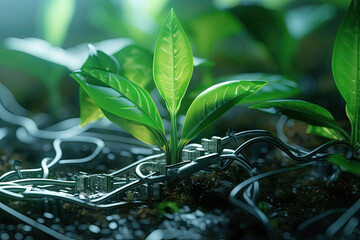 Generative AI illustration of glowing plants growing on computer chip representing digital ecology business