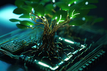 Generative AI illustration of glowing plant growing on computer chip representing digital ecology business