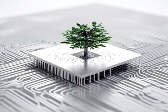 Generative AI Illustration Of Small Tree Growing On Microchip Computer Circuit Board Representing Concept Of Digital Gadget