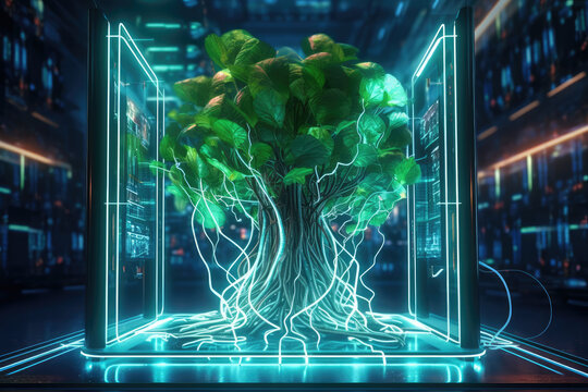 Generative AI illustration of contemporary glass wall with glowing neon lights and big green tree in server room