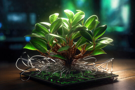 Generative AI illustration of green trees growing on circuit board with neon roots