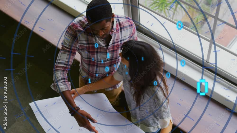Poster animation of circles and binary codes over diverse coworkers analyzing blueprint in office