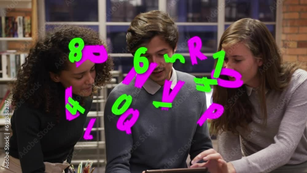 Poster animation of changing letters and numbers over diverse colleagues discussing over digital tablet