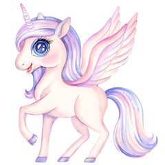 Watercolor unicorn. Hand drawn illustration of cute little magic horse with wings in cartoon style