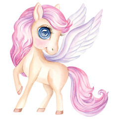 Cute magical pony with wings. Hand drawn watercolor illustration of cute little magic unicorn horse  in cartoon style