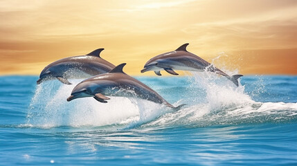 Fototapeta premium Dancing with Delight, A Group of Dolphins Leaping and Frolicking in the Water. Generative AI