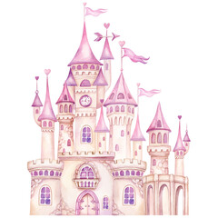 Magic princess castle. Pink fairytale watercolor hand painted illustration isolated on white background. Ideas for baby shower invitation, kids greeting cards, girls nursery decoration - 619838265