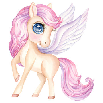 Cute magical pony with wings. Hand drawn watercolor illustration of cute little magic unicorn horse  in cartoon style