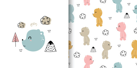 Set of Cute bear seamless pattern. Cute animal cartoon background. Kids collection. Design for fabric, print, textile, wrapping, wallpaper. Vector illustration