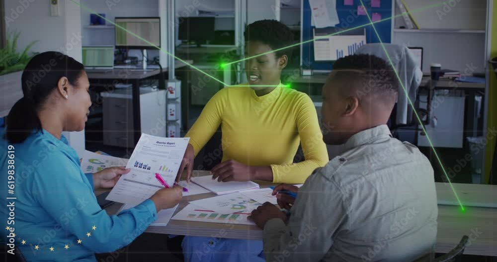 Poster animation of illuminated lines moving over diverse colleagues analyzing sales report in office