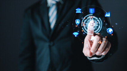 businessman use an Ai chip.new technology big data and business process strategy,customer service management.Digital transformation change management,internet of things.cloud computing.Ai technology.