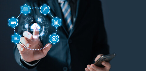 businessman touch hologram credit report score to plan in e-business, and buy or purchase produce payment online. The concept of finance and online shopping.