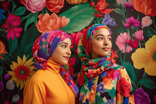 Generative AI illustration of young feminine Muslim women in bright clothes and traditional hijab smiling and looking away against floral background