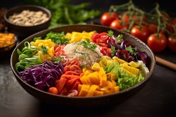 Fototapeta na wymiar Insalata di Riso with a variety of colorful vegetables and garnishes