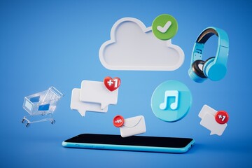 The concept of using online services. smartphone and icons of online services on a blue background. 3D render