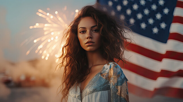 Generative AI image of attractive young female with long wavy hair standing against American flag and fireworks during Independence Day
